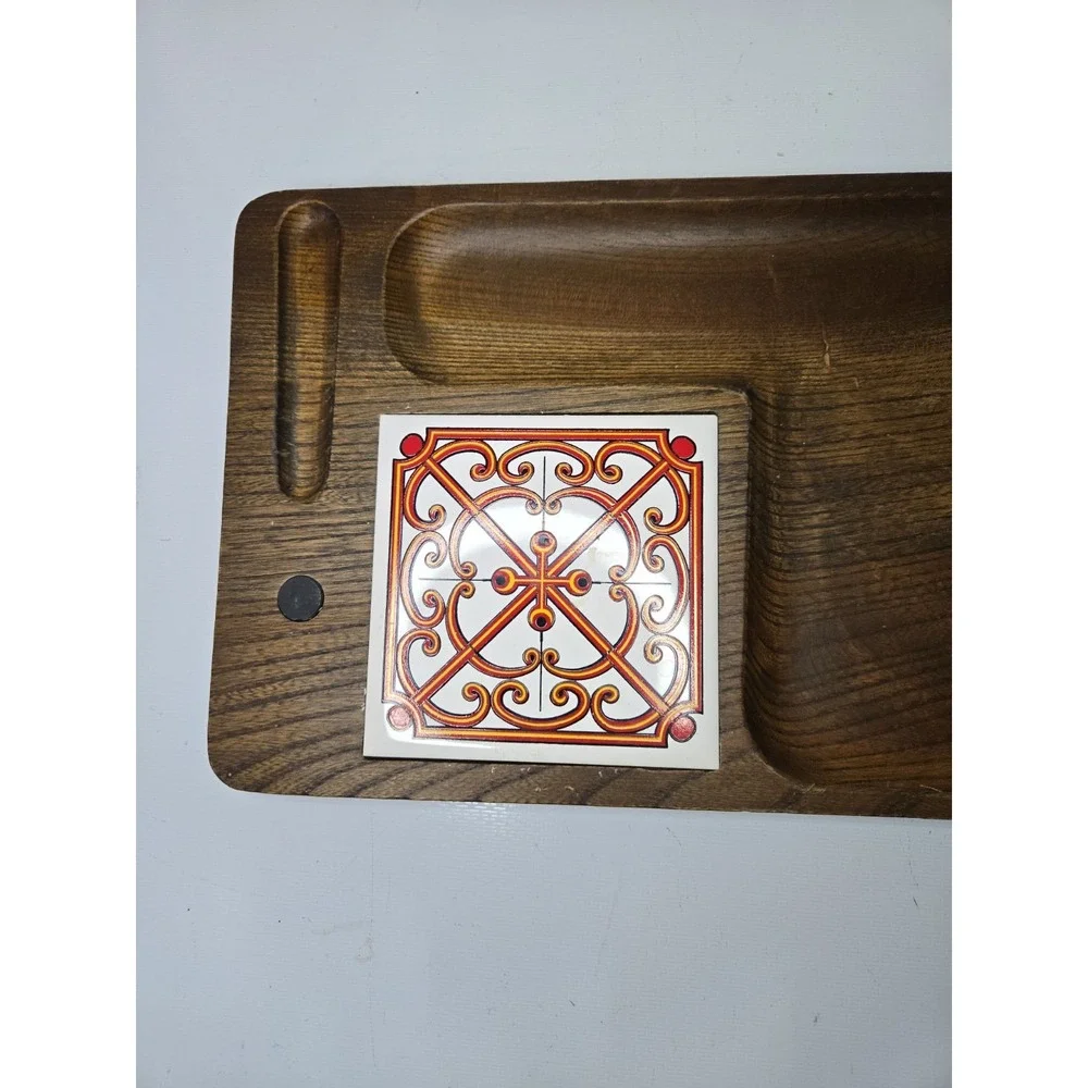 Vtg 1970s Japanese Keyaki Wood Cheese Board Charcuterie Tray Orange Scroll Tile